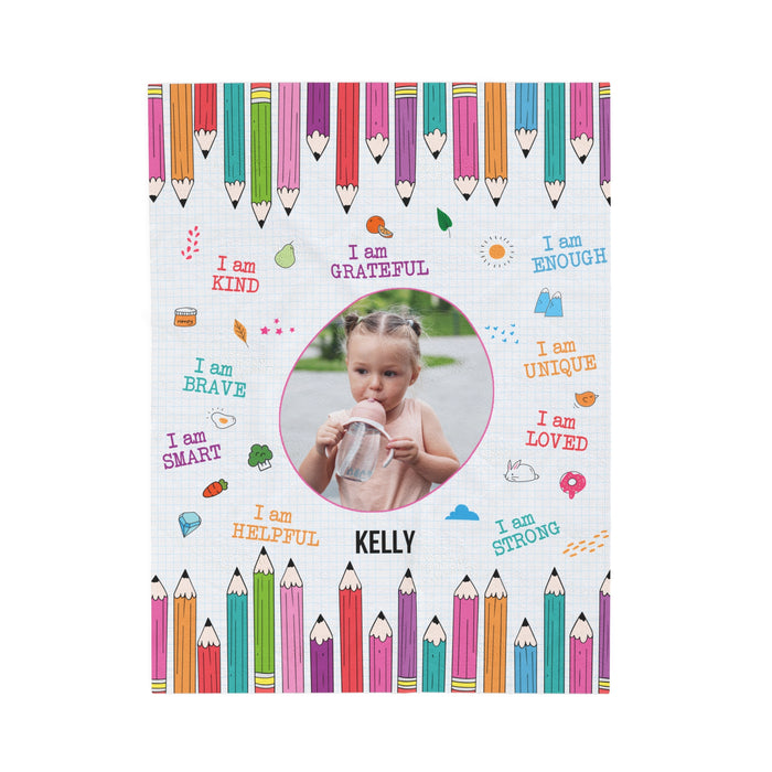 Personalized Toddler Photo Velveteen Blanket with Affirmations