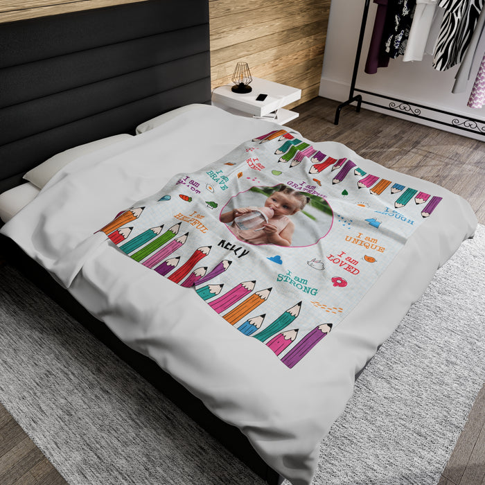 Personalized Toddler Photo Velveteen Blanket with Affirmations